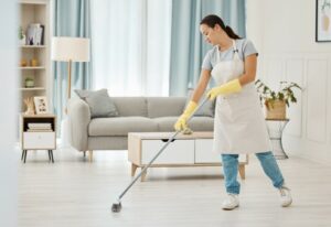 Residential living room cleaning service demonstration