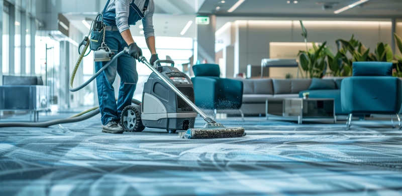 Professional cleaning with a powerful vacuum on a rug. Commercial grade carpet cleaning in a modern lobby. Concept of professional cleanliness, thorough maintenance, and commercial cleaning services