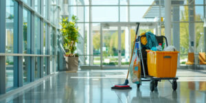 A cleaning cart loaded with a mop and broom stands in the hallway of a office building, copy space.